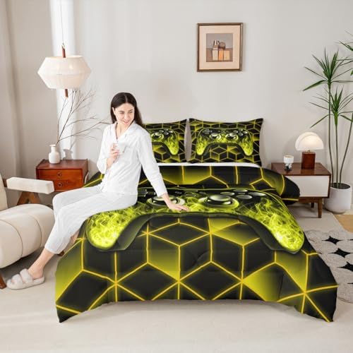 Yellow Game Console Comforter Set for Boys, Neon Geometric Gamer Bedding Set, 3D Geometric Comforter Set with Flame Gaming Consoles Gamer Decor - Image 2