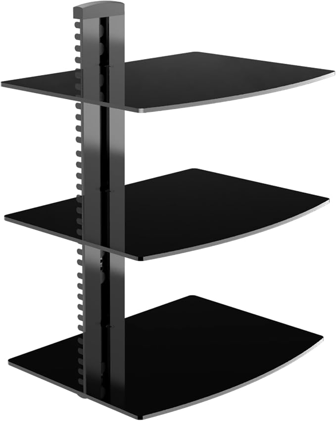 DVD Floating Shelf, Glass TV Wall Mount with Shelf for DVD Player / PS4 / Cable Boxes / Game Consoles / Sky Box / TV Accessories, Media Shelf, Flat Black Wall Mount Bracket, AV Shelves, 3 Tiers CS303B by suptek