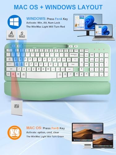 Hayyiesh Ergonomic Wave Keys Wireless Keyboard and Mouse Combo, Full Size with Memory Foam Wrist Rest & Phone Holder, 2.4G Cordless Set with USB-C Adapter for Windows Mac Desktop Laptop (Mint Green) - Image 7
