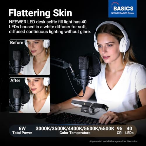 NEEWER Basics LED Chin Fill Lighting CRI95, 6W Bi Color Portable Desk Phone Selfie Photo Light, USB Powered for TikTok Streaming Laptop Video Conference Tripod Recording Travel Makeup, TL30B - Image 2