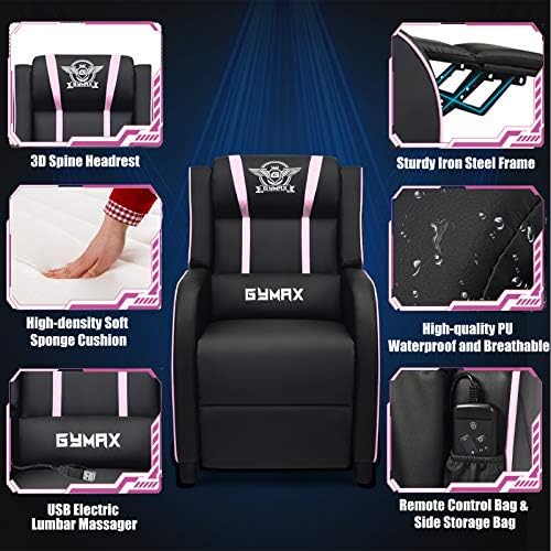 POWERSTONE Gaming Recliner Chair, Reclining Gaming Chairs for Adults Ergonomic Leather Sofa with Footrest Lumbar Support Headrest and Side Pouch for Living Room Home Theater, Pink - Image 5
