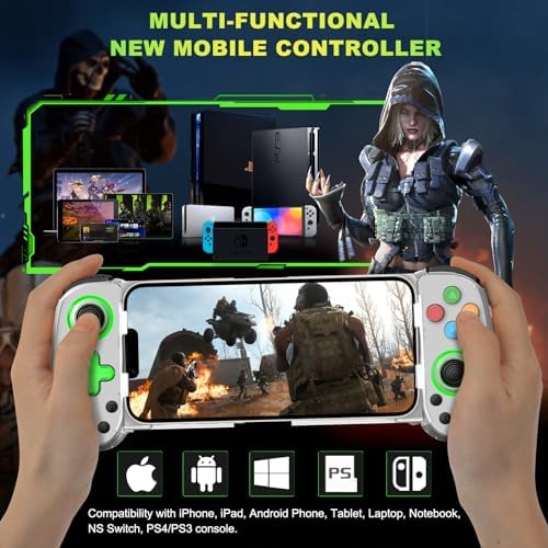 Phone Game Controller for iPhone 17/Android/PC/Switch, Play COD, Genshin,Support Streaming on PS5/Xbox/PC Console, Cloud Gaming Wireless Gamepad Joystick, Turbo/6-Axis Gyro/Dual Motor, Green Light, White - Image 2
