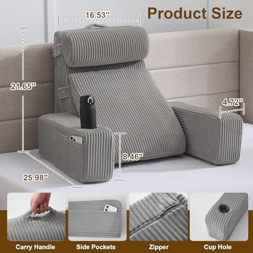 Reading Pillow for Sitting in Bed Adult, Back Pillow for Bed Sitting up with Arms, Pockets and Cup Holder, Sit Up Backrest Pillows for Beds Chair Support, Rest Pillow for Gaming - Image 2