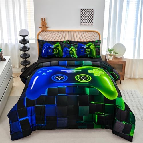 PERFEMET Gamer Comforter Queen Set 6 Pieces Blue and Green Game Console Boys Bedding Set with Sheets Soft Fluffy 3D Video Game Bed in a Bag for Kids Teen(Blue Green, Queen) by PERFEMET