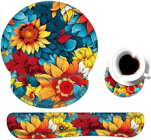 Keyboard Wrist Rest and Mouse Pad Wrist Support Set with Coaster,Ergonomic Mouse Pad,Comfortable for Easy Typing, Pain Relief,Memory Foam Keyboard Pad Set for Laptop Mac,Colorful Petals by Unknown