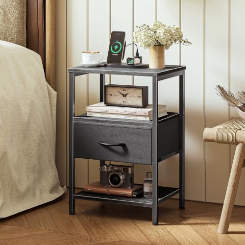 SUPERJARE Nightstand with Charging Station, Bed Side Table with Adjustable Fabric Drawer, Night Stand for Bedroom, 3-Tier Storage End Table, for Living Room, Charcoal Gray - Image 2