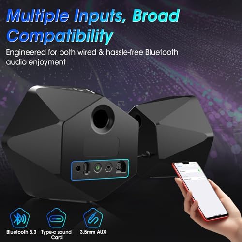 Computer Gaming Speakers, 50W Active Desktop Speakers with Infinity Mirror 3D Tunnel RGB (8 Modes), Bluetooth 5.3, AUX in, Headphone Out & Type-C Input, 3 EQ Modes, AC Powered for PC/Laptop/TV - Image 4