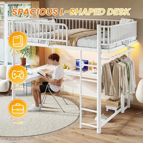 KEIKI Queen Size Metal Loft Bed Frame with L-Shaped Desk, White - Image 4