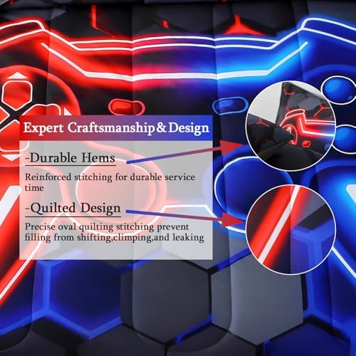 JQinHome Full Gaming Bedding Set 6-Piece Comforter for Kids Teens - 3D Video Game Console Print Bed in a Bag with Ultra-Soft Fluffy Sheets, Red-Blue Unisex Design (Full) - Image 6