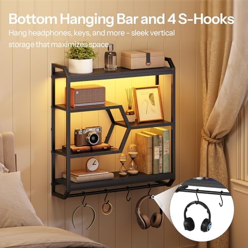 HOOBRO Gaming Floating Shelf with LED Lights, 27.5" LED Wall Mounted Shelf with Hanging Rod & 4 S-Hooks, 4-Tier Hanging Display Rack, for Living Room, Gaming Room, Black BB71DBJ01 - Image 4
