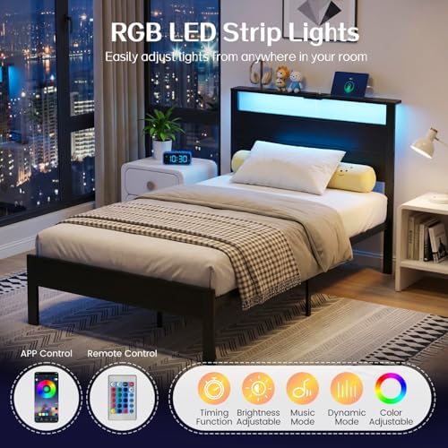 Black Twin Bed Frame with LED Lights and USB Charging Station, Modern Metal Platform Bed with Storage Headboard and Under-Bed Space, Noise Free, Sturdy Frame, No Box Spring Needed, Easy Assembly - Image 4