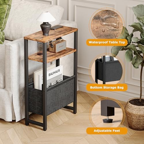 Narrow Side Table with Charging Station Slim End Table Sofa with Magazine Rack, Bedside Table for Small Spaces, 3 Tier Nightstand for Living Room Couch, Bedroom Rustic Brown LET503RE - Image 6
