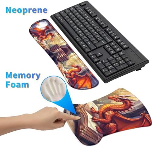 Ergonomic Mouse Pad with Wrist Support Gel Mouse Pads and Upgrade Keyboard Wrist Rest Pad Set, Coasters Non-Slip PU Base Mouse Mat for Office Gaming Computer Laptop Home, Red Dragon Books - Image 4