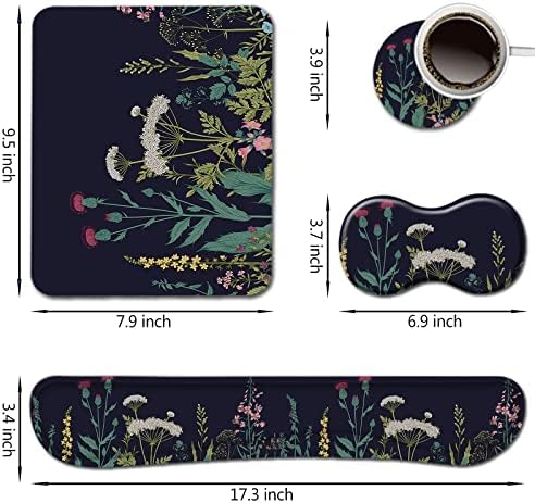 AIMSA Keyboard Wrist Rest Support + Mouse Pad + Mouse Wrist Rest + Coaster, Ergonomic Memory Foam Anti-Slip Rubber Base 4 PCS Set Easy Typing Pain Relief, Flowers Plants - Image 7