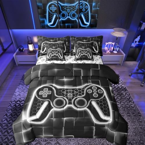 Feelyou Kids Gamer King Comforter Set with Sheets 7 Piece Grey and Black Bedding Set for Boys Teens Decor Gaming Ombre Bed in a Bag Geometric Square Bed Set by Feelyou
