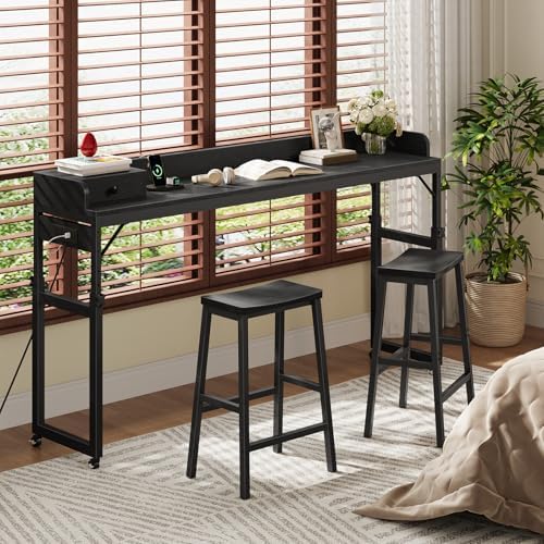 HOOBRO Overbed Table with Wheels, Rolling Table with Outlets & Light Strip for Queen Bed, Mobile Bed Desk & Drawer and Adjustable Height, Giant Computer Desk for Living Room, Black BB180UDDN01 - Image 3