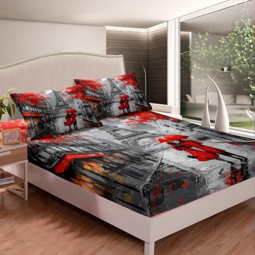 Red Paris Eiffel Tower Bed Sheets Queen Size, Paris Decor For Bedroom, French Style Couple Lover Flower Sheet For Girls Women Kids Fitted Sheet, Romantic Flat Sheet, 2 Pillowcases, Grey Black, 4Pcs - Image 3