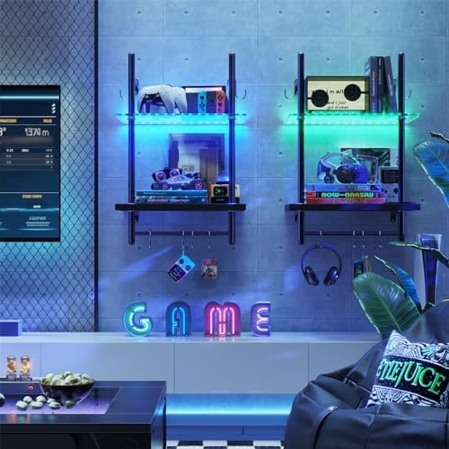 Bestier 15" Gaming Floating Shelves with LED Lights, Carbon Fiber Black - Image 2