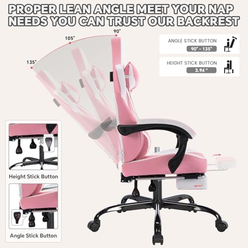 Leather Ergonomic Gaming Chair with Footrest, Cute Pink Gaming Chair with Comfortable Headrest & Lumbar Support for Adults Women Girls, Comfy, 300 LBS Capacity (Pink) - Image 4