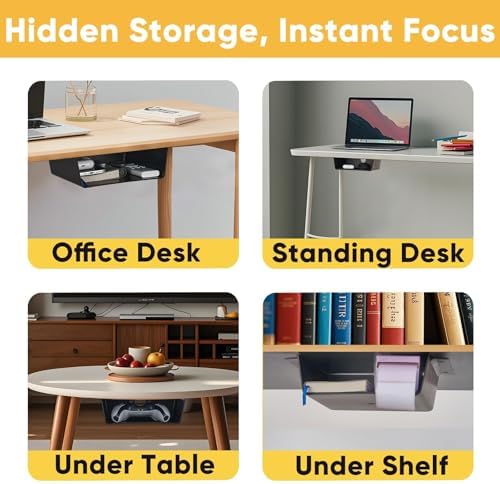 2 Pack Under Desk Hanging Shelf Drawer Organizer, Attachable Plastic Hidden Storage Tray, Easy Adhesive Mount Holder for Standing Tables, Office, Counters, Cabinets, Workstations - Black - Image 2