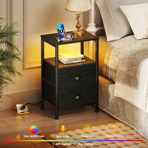Furologee Night Stand with LED Light, Charging Station, 2 Drawer, Black Oak - Image 5
