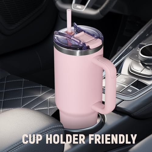 40 oz Tumbler with Handle and Straw Lid,Insulated Reusable Stainless Steel Water Bottle Travel Mug，Cupholder Friendly Double Wall Vacuum Sealed Cup (Pink) - Image 5