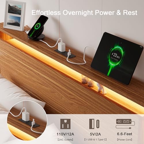 Einhomn Bed Frame Queen Size with LED Lights & Charging Station – Kids Wood Floating Queen Bed Frame with Storage Headboard, Adhesive Slats, Kick-Free & Noise-Free Design, Easy Assembly, Walnut - Image 4