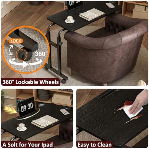 Overbed Table with Wheels, Height Adjustable Hospital Bed Table with Tablet Slot and Edge Stopper, Rolling Over Bed Desk for Recliner, Sofa, Single Bed, Laptop and Meals, Black - Image 7