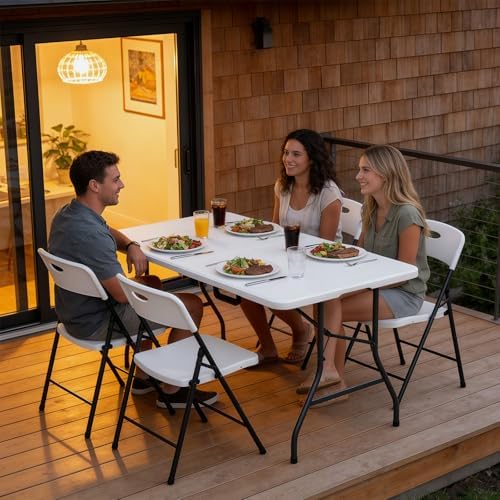 Folding Table 5FT Heavy Duty Plastic Table with Handle, Foldable&Portable, Fold-in-Half Utility Tables for Outdoor, Dining, Wedding, Events, Indoor, Picnic, Camping, Party,White - Image 2