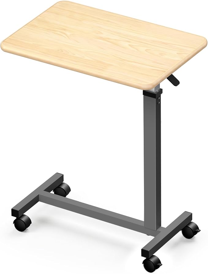 WOTURE Pneumatic Adjustable Overbed Bedside Table with Wheels - Hospital & Home Use, Medical Bed Table, Mobile Standing Desk, Rolling Laptop Cart, Non Tilt Surface(23.6" L x 15.7" W, Maple) by WOTURE