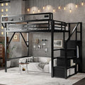 KEIKI Full Size Metal Loft Bed Frame with Convertible Staircase, Built-in Storage Shelves and Wardrobe, Loft Bed with Solid Slats, Guardrail, No Box Spring Required, Easy Assembly, for Bedroom, Black by KEIKI