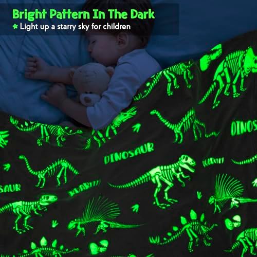 Dinosaur Gifts Toys for Kids Boys - Dino Glow in The Dark Blanket Christmas Birthday Valentines Easter Presents for Age 2 3 4 5 6 7 8 9 10 11 Years Old Teen Girls Toddler Children Throw Gray 50"x60" - Image 2