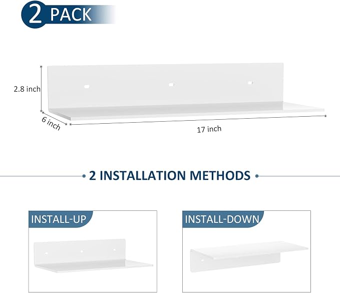 Sezanrpt 17 Inches Acrylic Wall Shelves 2 Pack, Floating Shelf for Wall Mounting, Acrylic Display Ledges for Funko Pop Figures, Home Décor, Living Room, Gaming Room, Plants(17 inch, White) - Image 3