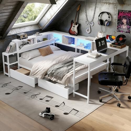 Bellemave Queen Size Corner Bed Frame with Storage Drawers, Bookcase and Side Desk, Queen Corner Bed with Light and Charging Station, Daybed for Bedroom, Living Room, Guest Room White by Bellemave