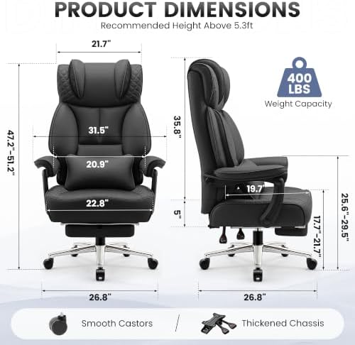 BestGlory Office Desk Chair, Big and Tall Leather Gaming Chair with Footrest, Ergonomic Comfy Executive High-Back Reclining Computer Chairs, Wide Swivel Rolling Wheels and Padded Lumbar Support, Black - Image 2