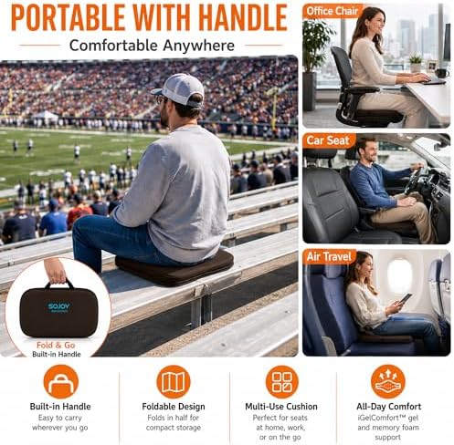 Sojoy 3-in-1 Foldable Gel Seat Cushion with Memory Foam Ergonomic Portable Cushion for Back Pain & Tailbone Relief - Perfect for Office Chair, Airplane Travel & Stadium Seats (18.5" x 15" x 2" Brown) - Image 7