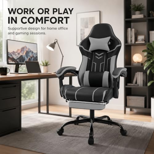 Gaming Desk Chair for Adults, Ergonomic Gaming Chair (Black+Gray) | with Footrest & Headrest and Lumbar Support, Leather Material Height Adjustable computer Video Game Chairs - Image 4