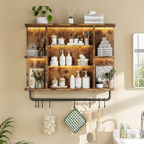 REIBII Floating Shelves with LED Lights, 7-Tier Wood Shelf, Wall Mounted Display Shelves with 8 S-Hooks, Wall Shelf for Kitchen, Bedroom, Bathroom, Office, Plants, Rustic Brown - Image 5