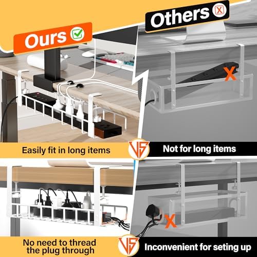 2 Pack Under Desk Tray, 31.4" No Drill Wire Management with Upgraded Clamp, Metal Cord Organizers for Desk, PC Cable Rack, White - Image 2