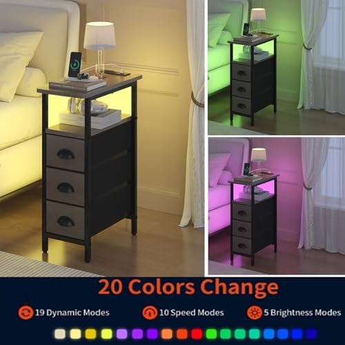 sthmec End Table with Charging Station,LED Side Tables with USB Ports and Outlets,Skinny Bedside Tables with 3 Drawers,Small Tabls Nightstands for Small Space,Slim Sofa Table for Livingroom, Grey - Image 6