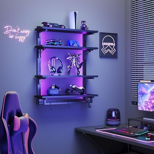 kepptory 24" Foldable Gaming Floating Shelves with LED Lights, 4 Tier Display Rack with Adjustable Shelf, Wall Mounted Shelf with Hanging Rod and 8 S-Hooks for Gaming Room, Black - Image 3