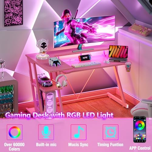 Korfile 47 Inch Pink Gaming Desk with Power Outlet & LED Lights, Corner Computer Desk with 3 Tiers Storage Shelves, L Shaped Gaming Desk with Monitor Stand for Bedroom - Image 4