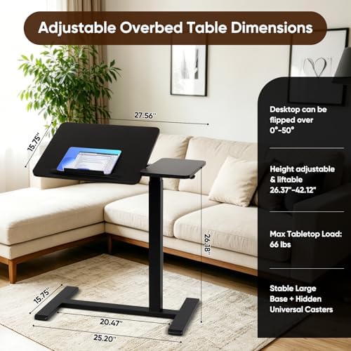 Adjustable Overbed Table with Wheels, Rolling Laptop Table for Bed & Sofa - Image 2