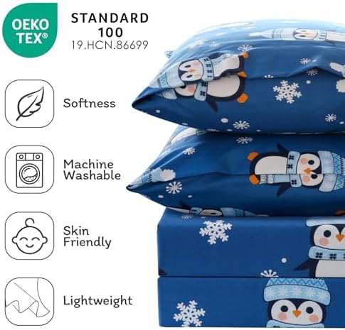 JSD Blue Penguin Snowflakes Kids Christmas Full Sheet Set 4 Piece - Image 5