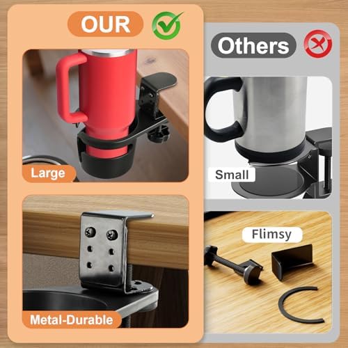 Upgraded Deeper Desk Cup Holder with 360° Rotation, Clamp Mount Design, Metal Office & PC Gaming Desk Accessories,Hidden Adjustable Drink Holder for Arm Chair,Coffee Cup - Image 5