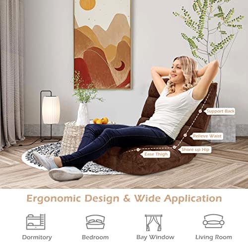 COSTWAY Adjustable Floor Chair, Video Gaming Chairs with Back Support, Alloy Steel Frame, Soft Coral Fleece, Lazy Sofa Lounge for Reading Living Room Recliner for Adults Kids, Brown - Image 6