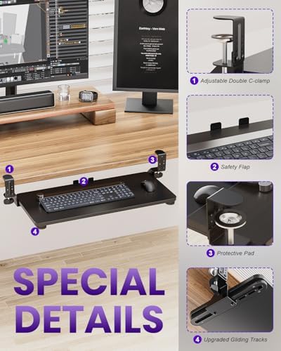 Ergonomic Keyboard Tray Under Desk, 25.6x11.8 Inch Board, Black - Image 3