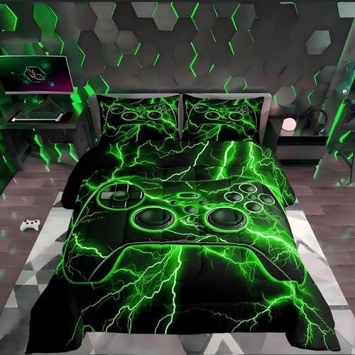 Erosebridal Gamer Comforter Set Gaming Twin Bedding Sets for Girls, Video Game Console Comforter Green Lightning Quilt,Boys Bedroom Decor by Erosebridal