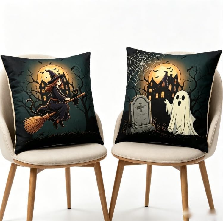Halloween Throw Pillow Covers, Linen, 18x18 Inch, Set of 2, Ghost Pumpkin Haunted House Design, Machine Washable - Image 3
