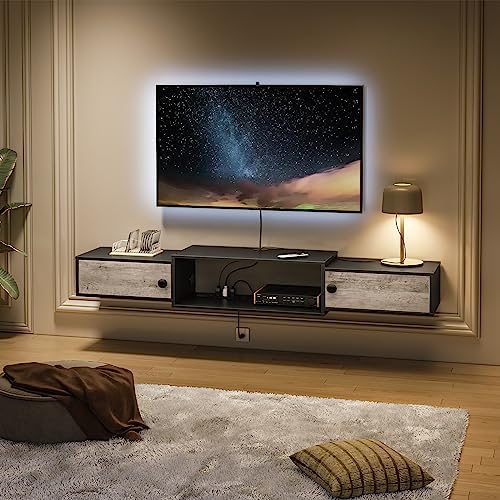 HOOBRO 55" Floating TV Stand with Power Outlets, Modern Wall Mounted Media Console Shelf with Doors, Entertainment Center for Under TV Storage, for Living Room, Bedroom, Greige and Black BG11UDS01 by HOOBRO